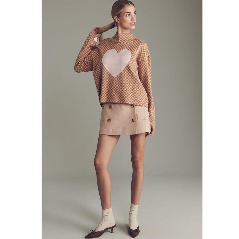 NWT Anthropologie Maeve The Carys Mock Neck Sweater Heart Check - Size XS